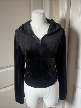 Juicy Couture Velour Zip Hoodie Black Rhinestone Logo Tracksuit Jacket Womens M